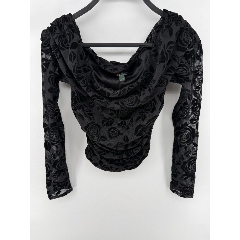 Wild Fable blouse women's black floral long sleeve pullover cropped top Size S
